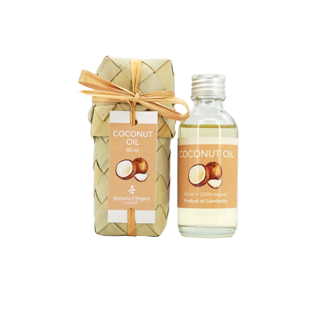Coconut oil 60 ml with its handmade natural packaging made from sugar palm tree