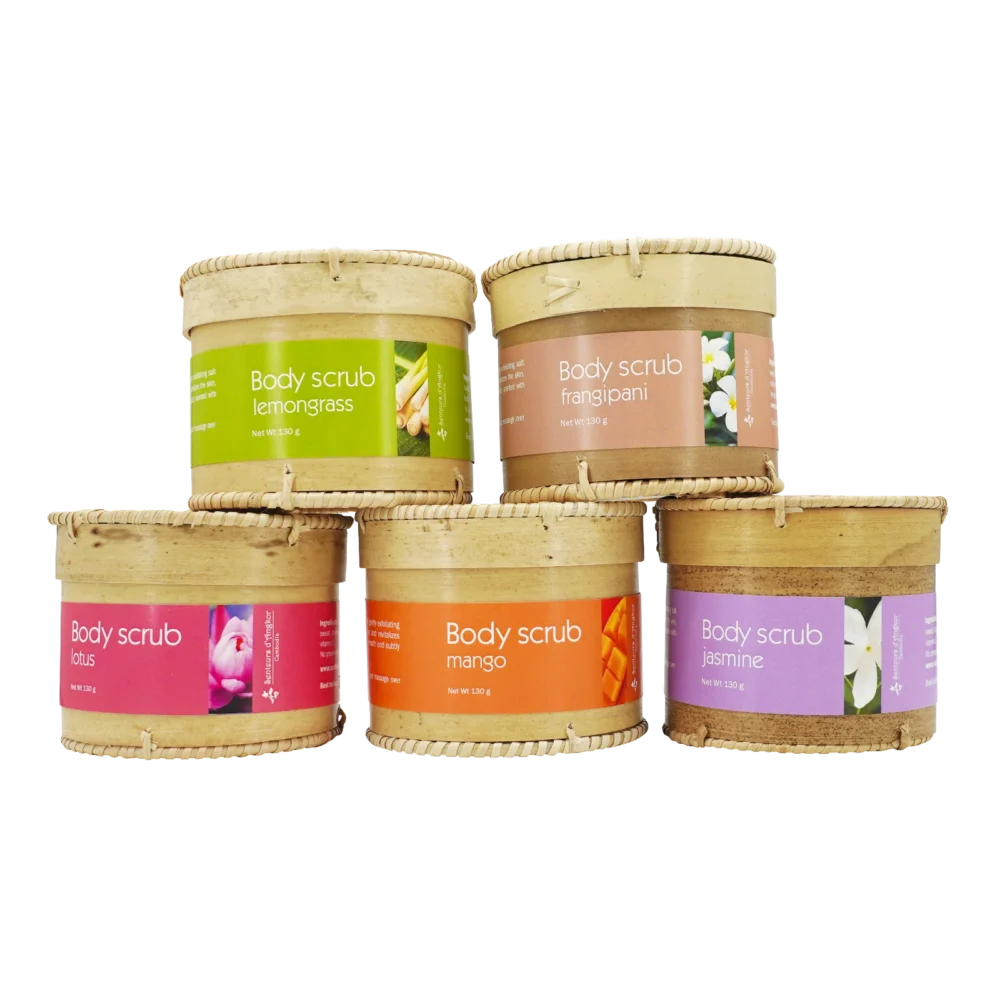 Body scrub, all scents in natural handmade sugar palm packaging