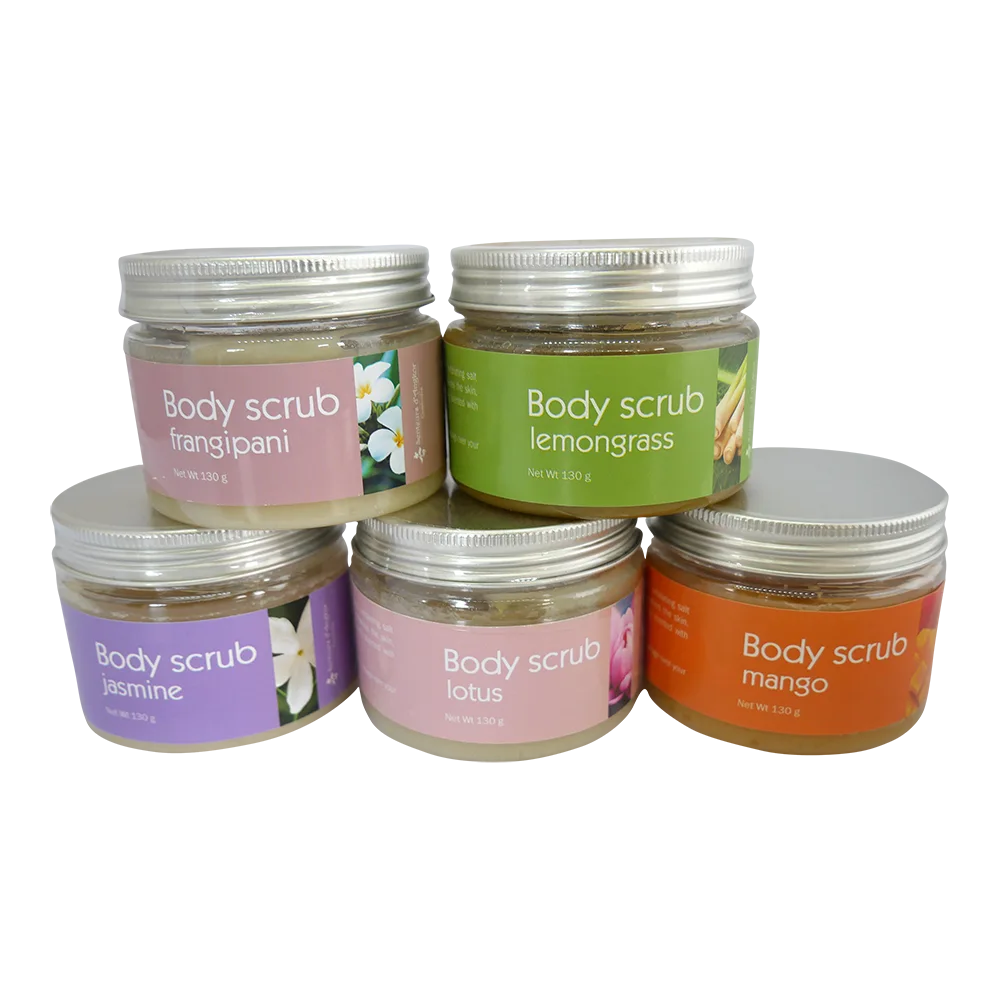 Body scrub with its handmade sugar palm natural container, all stacked