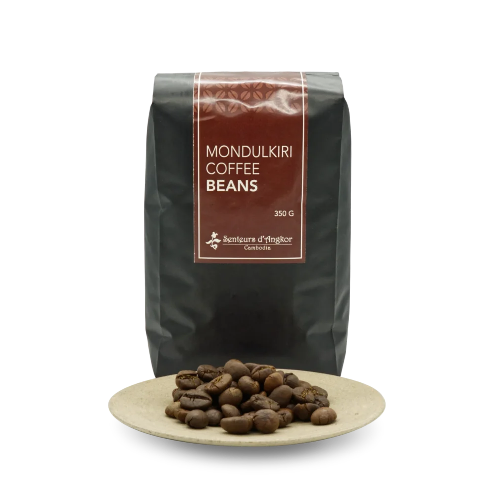 Coffee beans from Mondulkiri in large aluminium pack displayed with beans in plate