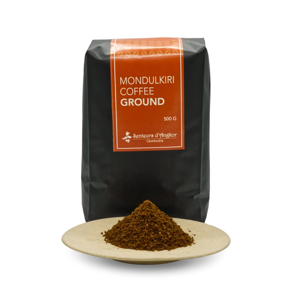 Coffee ground from Mondulkiri in large aluminium pack displayed with ground coffee in plate