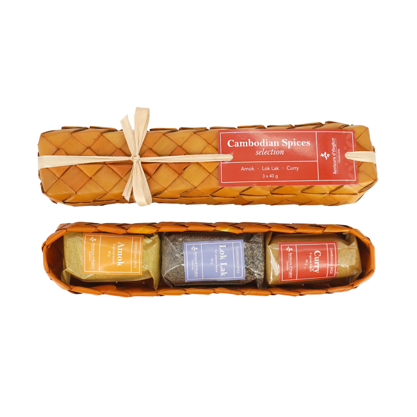 3 spices in sugar palm leaf packaging (Amok, lok lak and curry), opened