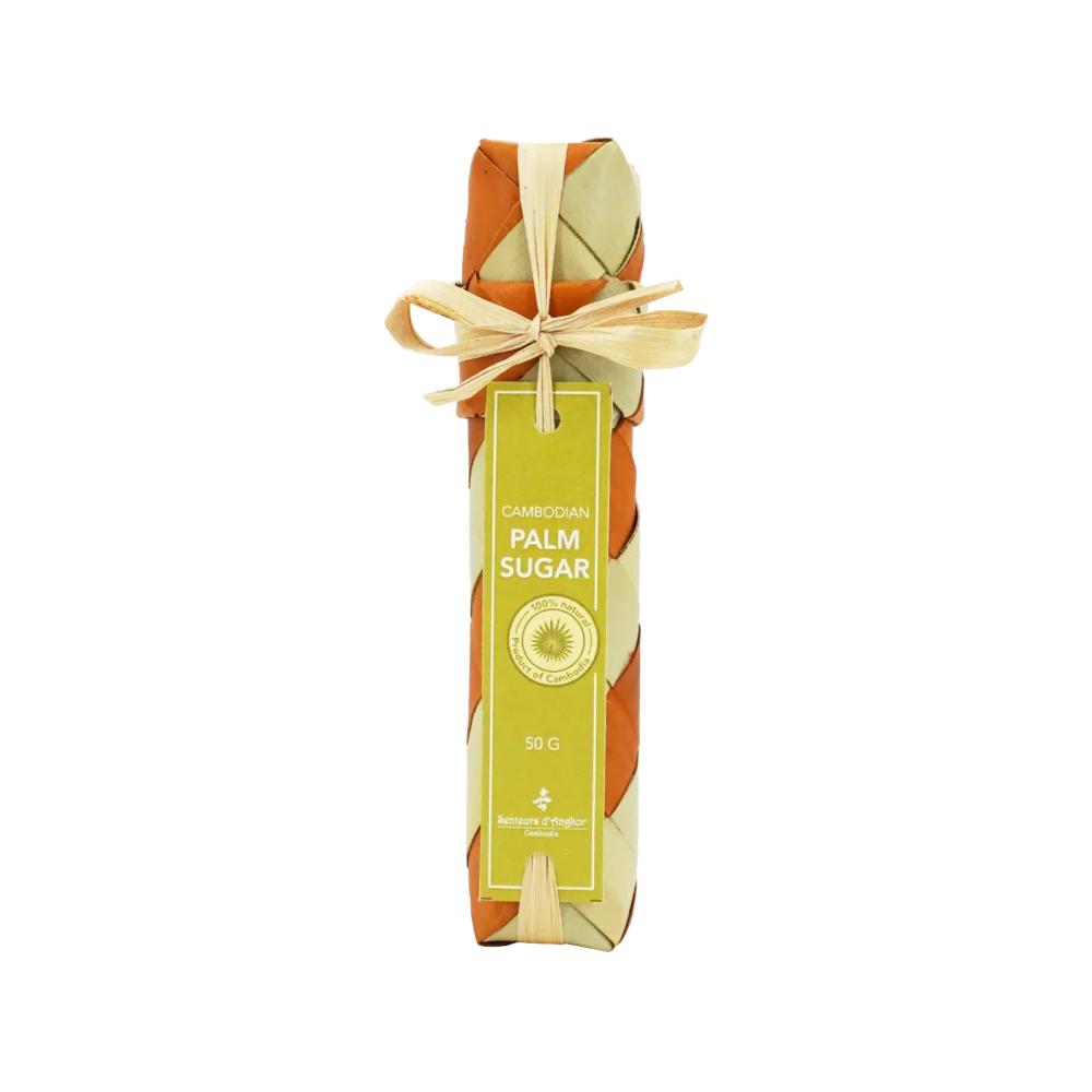 Palm sugar in Smok packaging made from palm sugar leaf, front view