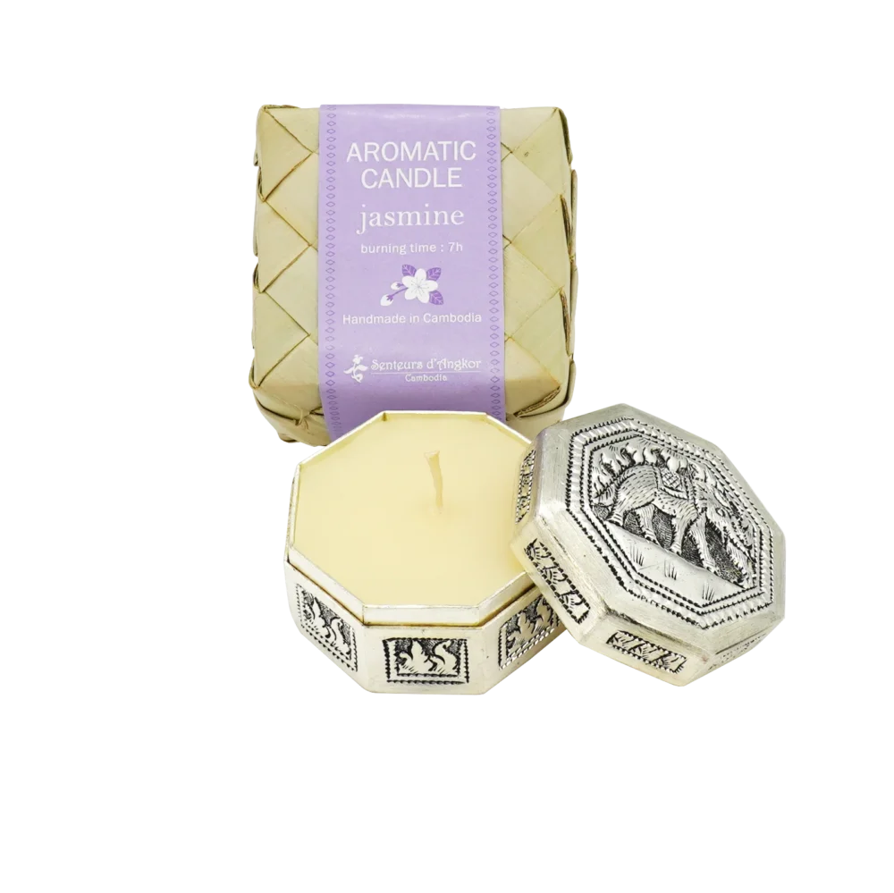 Candle in engraved elephant silver hexagonal box, displayed
