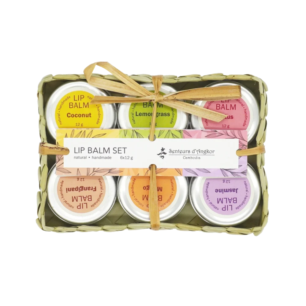 Set of 6 lip balm, coconut, lemongrass, lotus, frangipani, mango and jasmine, front
