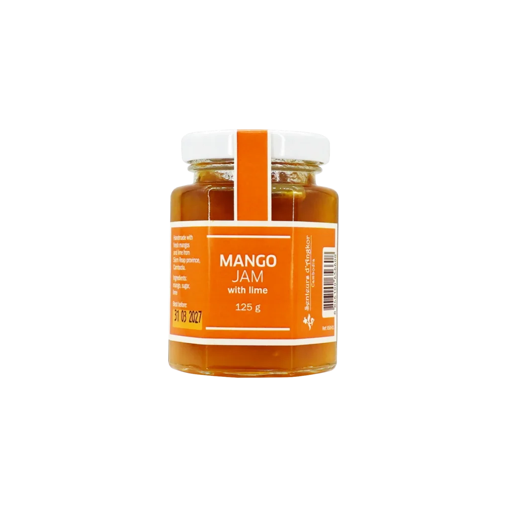 Jam in hexagonal glass jar, mango