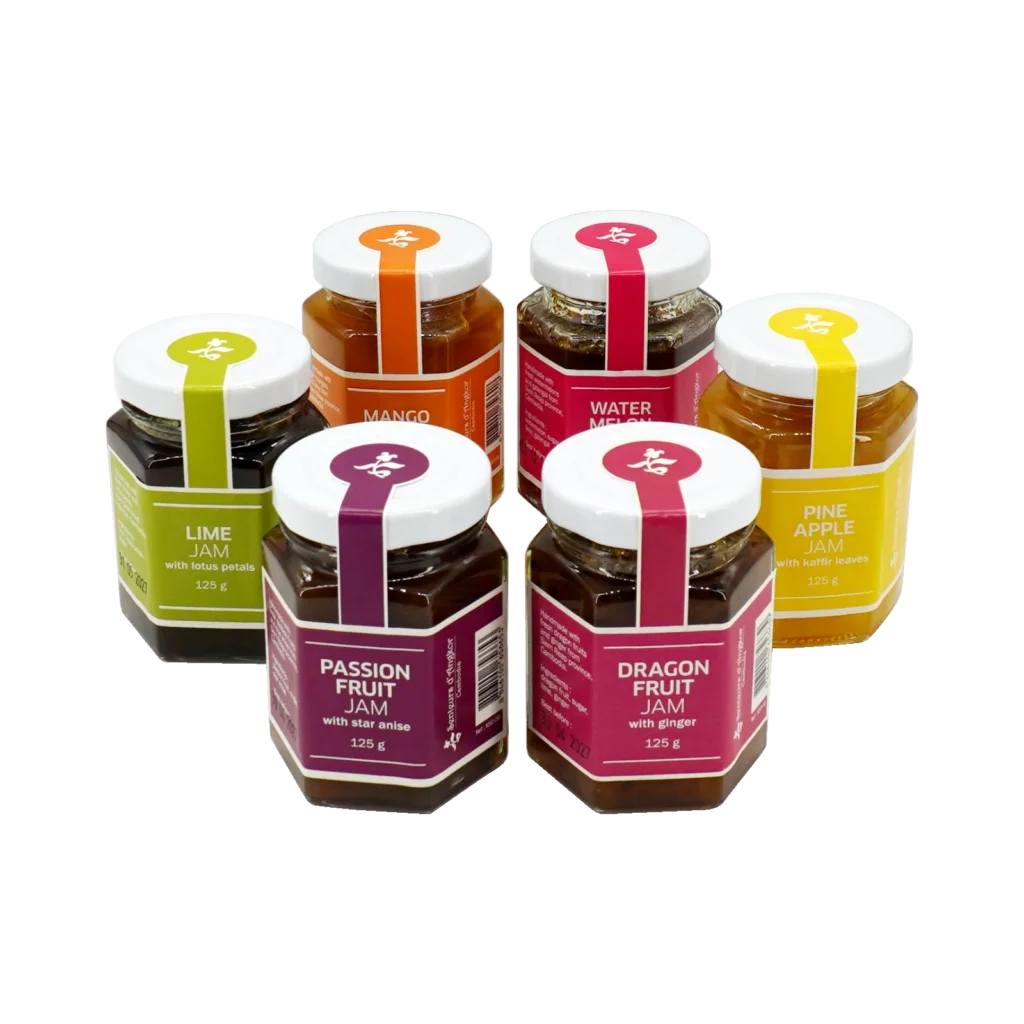 All 6 jams in hexagonal jars in a circle display