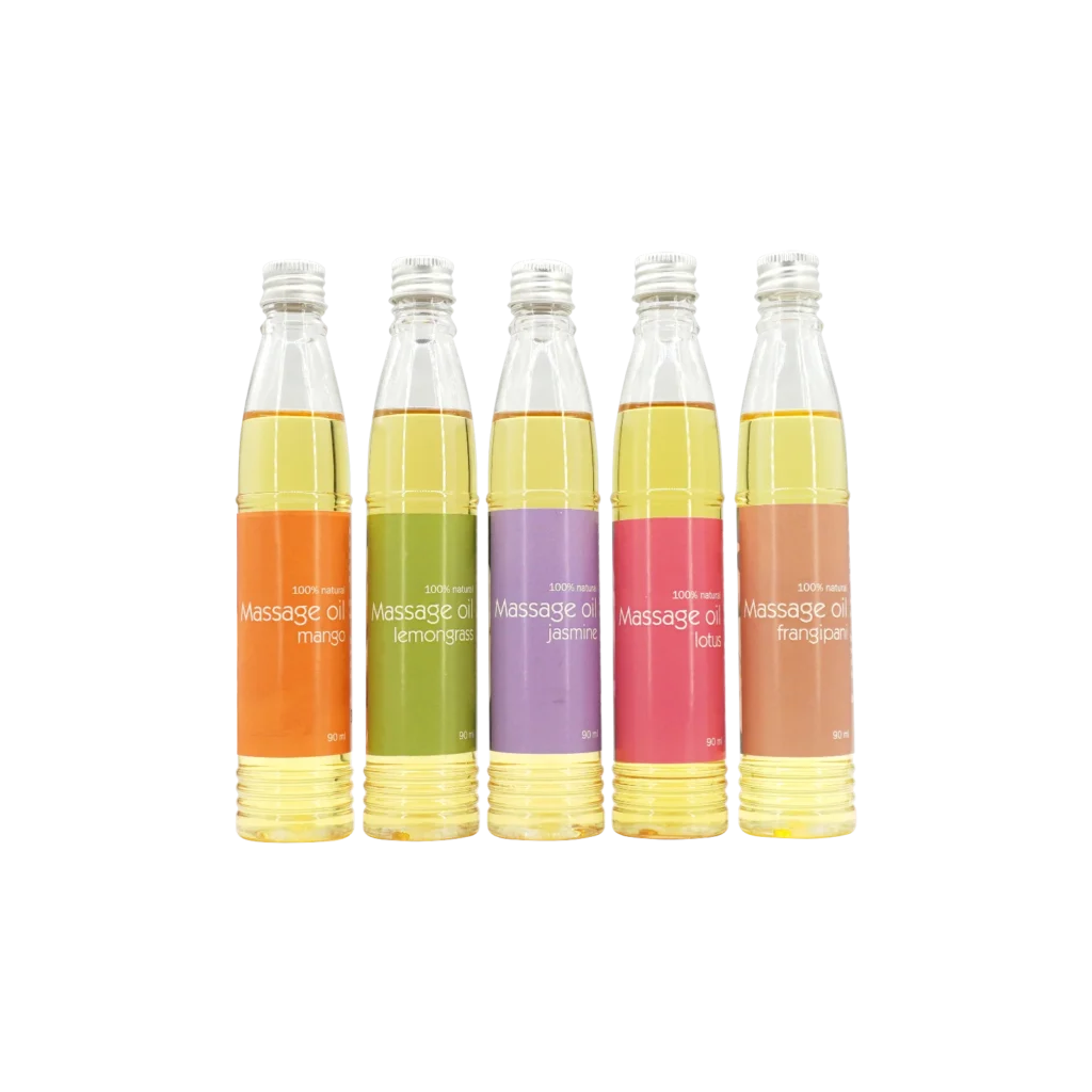 Massage oil 90 ml in glass bottle, all scents front