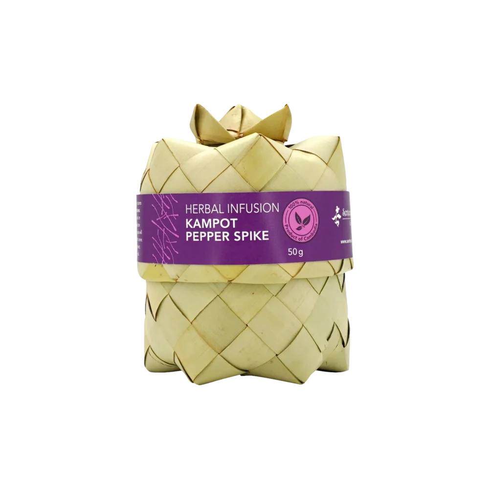 Herbal Infusion Kampot Pepper Spike, 50g in sugar palm leaf box, front
