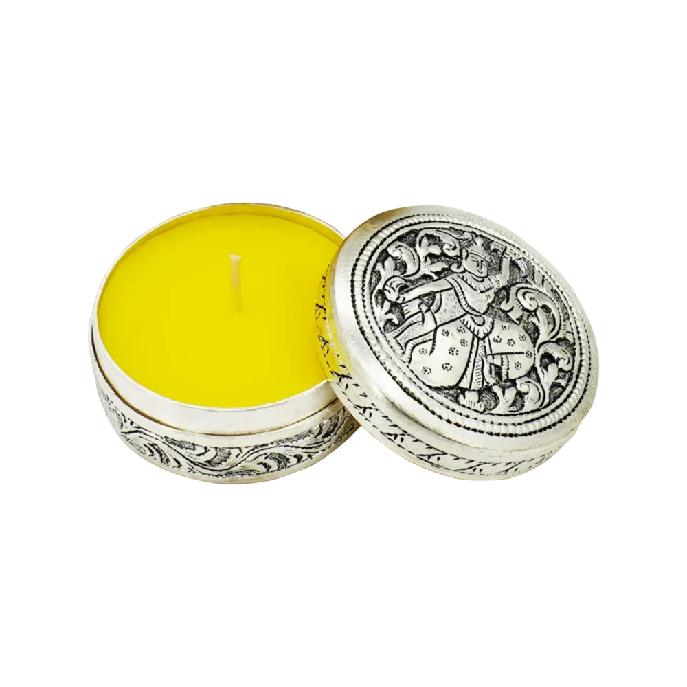 R24 candle, in round silver box, 05 frangipani