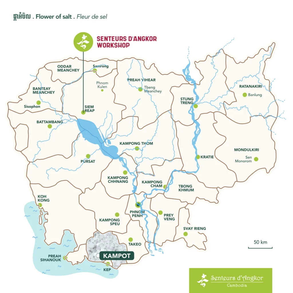 Map of Cambodia showing the origin of kampot flower of salt.