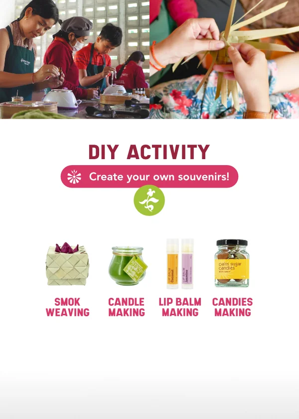 SDA diy activities mobile Presentation of DIY activities visitors can do at Senteurs d'Angkor Workshop such as Smok weaving, Candle making, Lip balm making and Candies making.